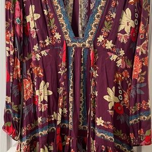 Free People Size 4 Violet Hill Floral Boho Long Sleeve V-Neck Tie Waist Hippie